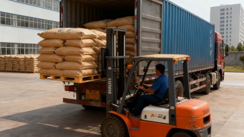 工厂厂区聚丙烯酰胺粘合剂产品装车全景展示