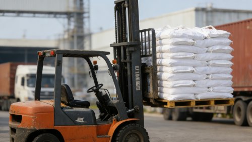 工人正在将洗沙污水PAM药剂装载至运输车辆