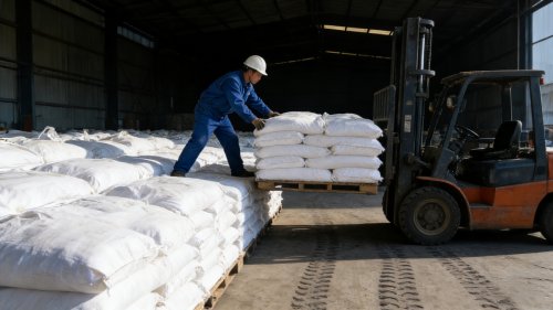 工厂工作人员在淄博聚隆聚丙烯酰胺厂区操作PAM颗粒装车