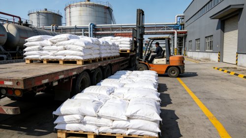 高粘粉聚丙烯酰胺袋装产品叉车装车运输现场