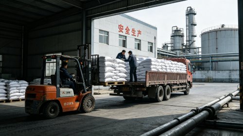 工人正在货车上码放整齐的PAM速溶型，微交联膜批次稳定分散均匀溶解有序，对人工投料操作宽容度高