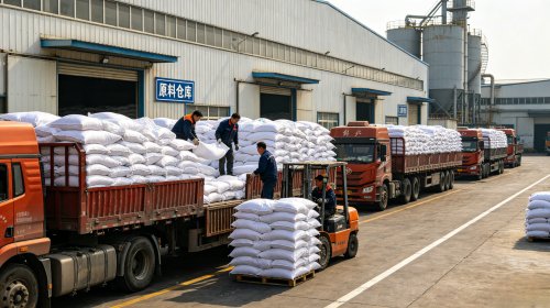 工人正在货车上码放整齐的2000万分子量PAM，批次特性粘度稳定，溶解需更充分熟化但絮团更大沉降更快